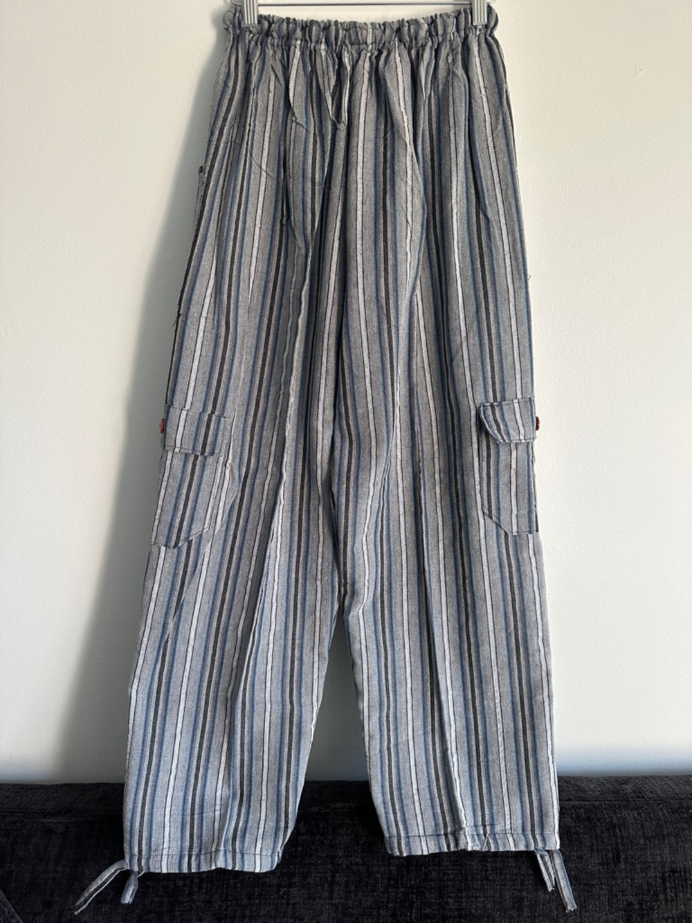 Peru/Ecuador Handmade Cotton Gray Blue Unisex Boho Striped Pants Joggers Large - Picture 3 of 6